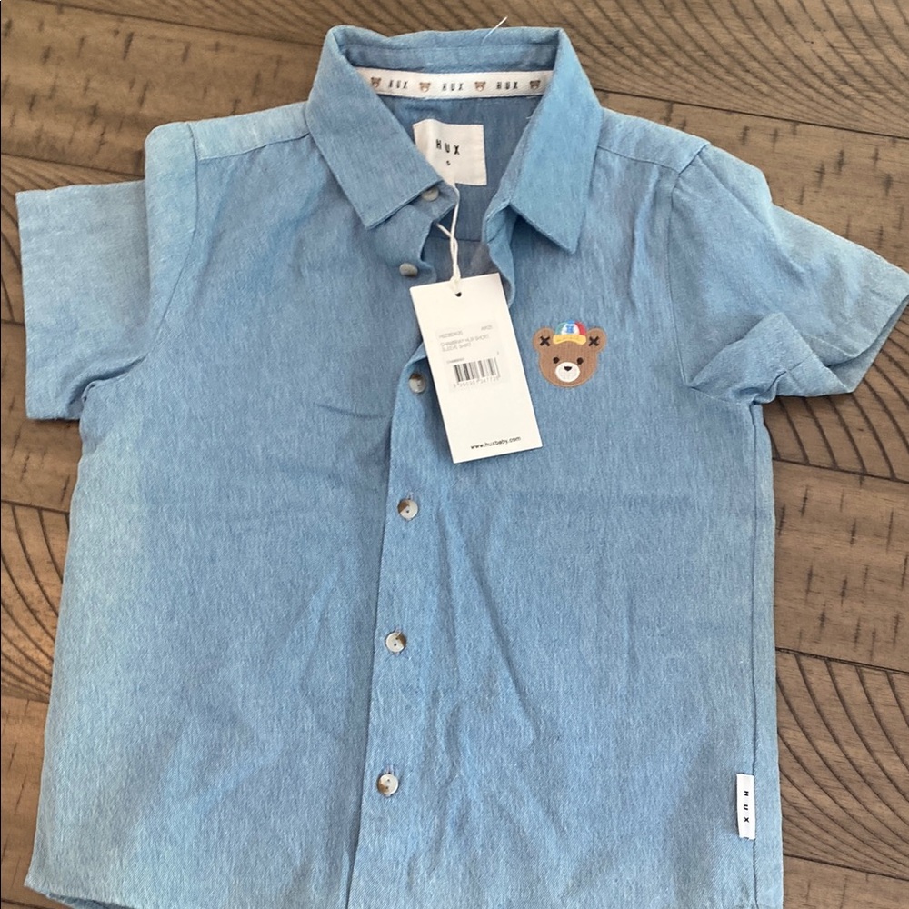 Hux Light Blue Kids Button Down Shirt with Bear Patch, NWT
